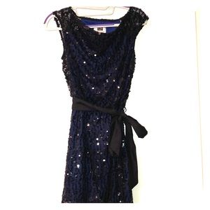 Fun blu w/ bk sheer overlay sequin dress.